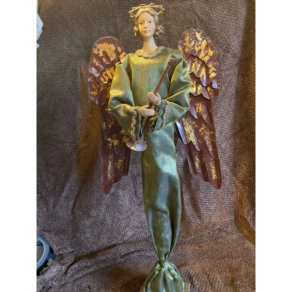 Foreside 24” Tall Skinny Metal and fabric Christmas Angel With Horn